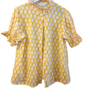 Paridhan Fab Yellow/ White Block Printed Button Down Blouse Ruffled Sleeve Sz M